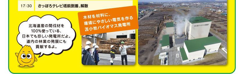 北海道産の間伐材を100%使っている、日本でも珍しい発電所だよ。道内の林業の発展にも貢献するよ。木材を材料に、環境にやさしい電気を作る苫小牧バイオマス発電所みんなと力をあわせて、間伐を体験しよう！